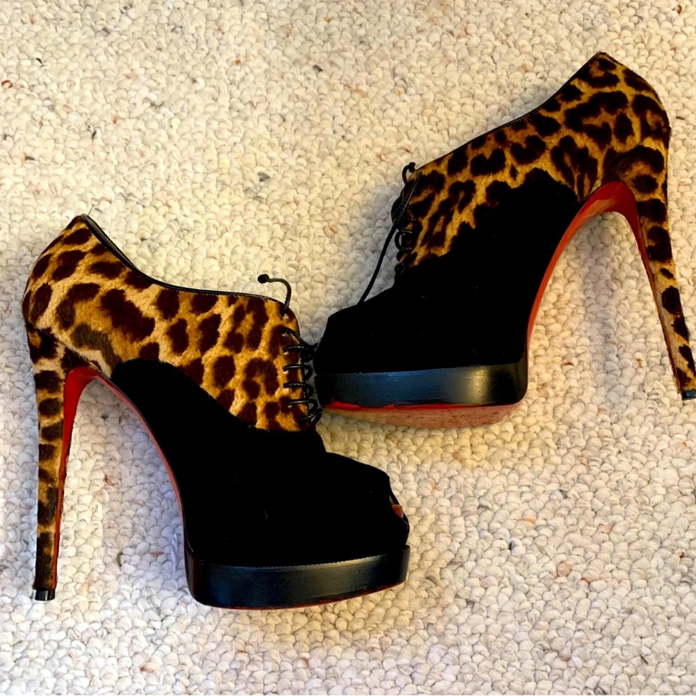 Louboutin Leopard Pony Hair Lady Derby Lace Up Peep Pumps Heels